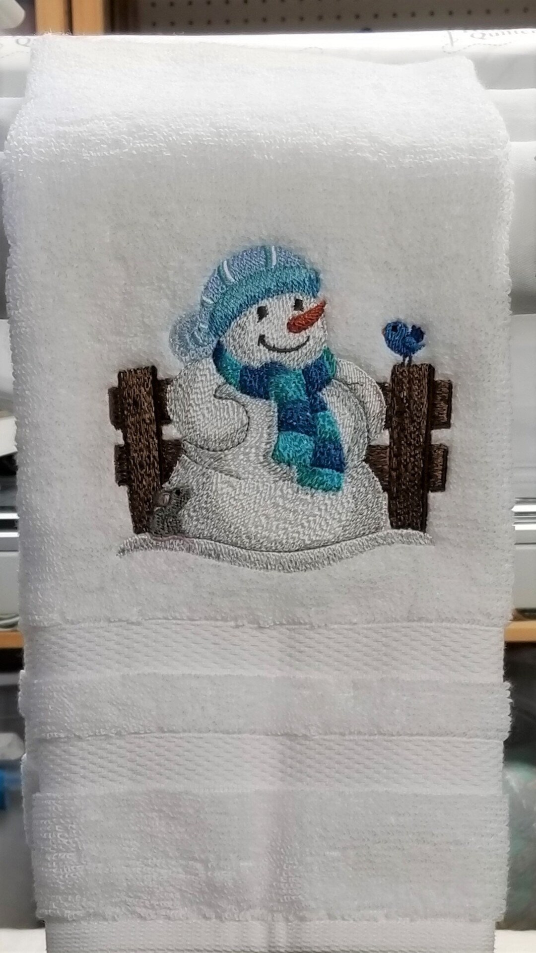 Embroidered Bathroom Hand Towel Featuring Snowman Against A Fence Etsy