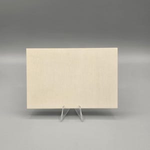 May include: An off-white rectangular canvas is presented on a clear acrylic easel. The canvas has a smooth surface and is centred against a grey background. The easel has a simple, minimalist design.