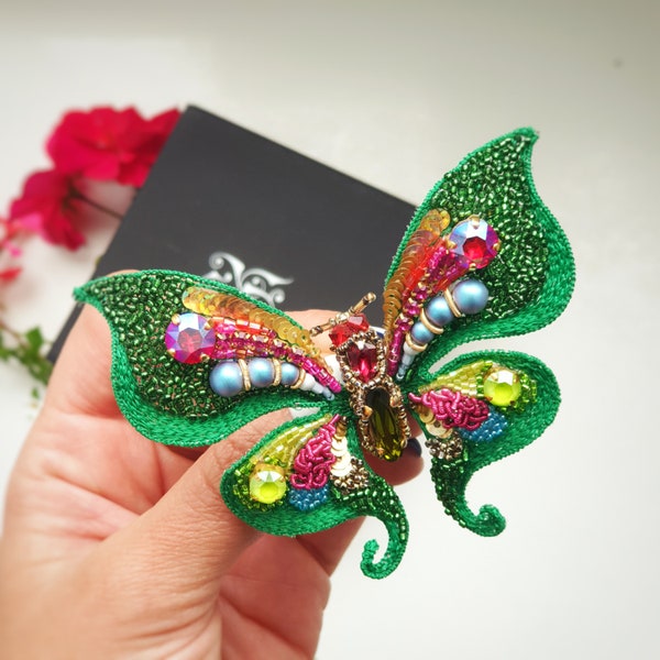 Butterfly brooch embroidered Butterfly beaded brooch embroidered swarovski Jewellery Green butterfly Pearl brooch