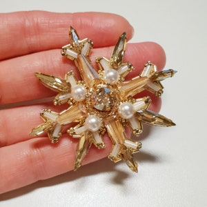 Snowflake brooch Winter Wedding Swarovski crystals , gold crystals sparkles wonderfully on a frosty day