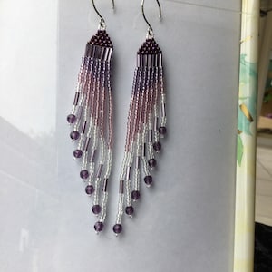 Handmade Purple Seed Bead Dangle Earrings: Iridescent Plum Glass