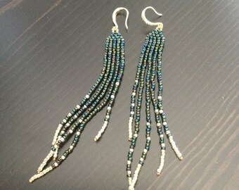 green and gold shoulder-duster earrings, women's earrings, seed bead earrings