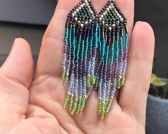 peacock seed bead earrings, women's earrings, tassel earrings, ombre earrings