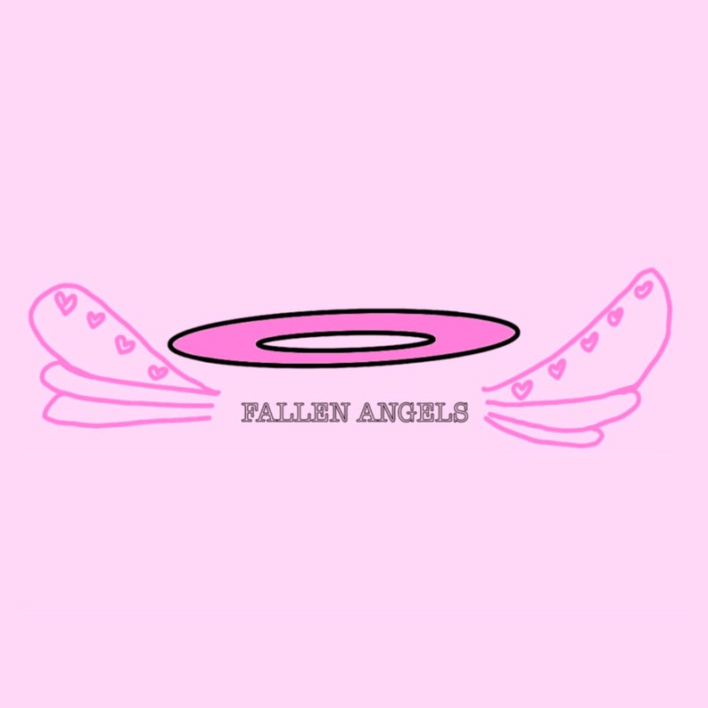 May include: Pink angel wings with hearts and a pink halo with the text "FALLEN ANGELS" in black.
