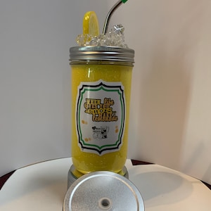 22oz wide mouth lemonade inspired cup with 2 lids and stainless steel straw, &quot;When life gives you lemons make lemonade&quot;,&quot;Be my main Squeeze&quot;