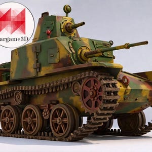 May include: A detailed model of a military tank, featuring a camouflage pattern of green, yellow, and brown. The tank has multiple turrets and visible tracks. The image includes the text "wargame3D" in a circular logo.