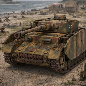 May include: A detailed model of a camouflaged military tank with a long barrel, set against a war-torn landscape. The tank features intricate details, including tracks, hatches, and markings. The scene includes soldiers and barbed wire.