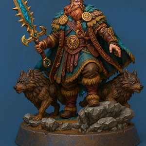 May include: A detailed figurine of a Viking warrior, holding a gold and blue sword, flanked by two wolves. The warrior wears a horned helmet, fur-trimmed cape, and ornate armor. The base reads "JORUND WOLF-KIN".