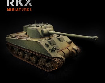 May include: A green and brown military tank model with a long barrel and tracks. The tank is on a black background. RKX Miniatures is printed on the top left corner of the image.