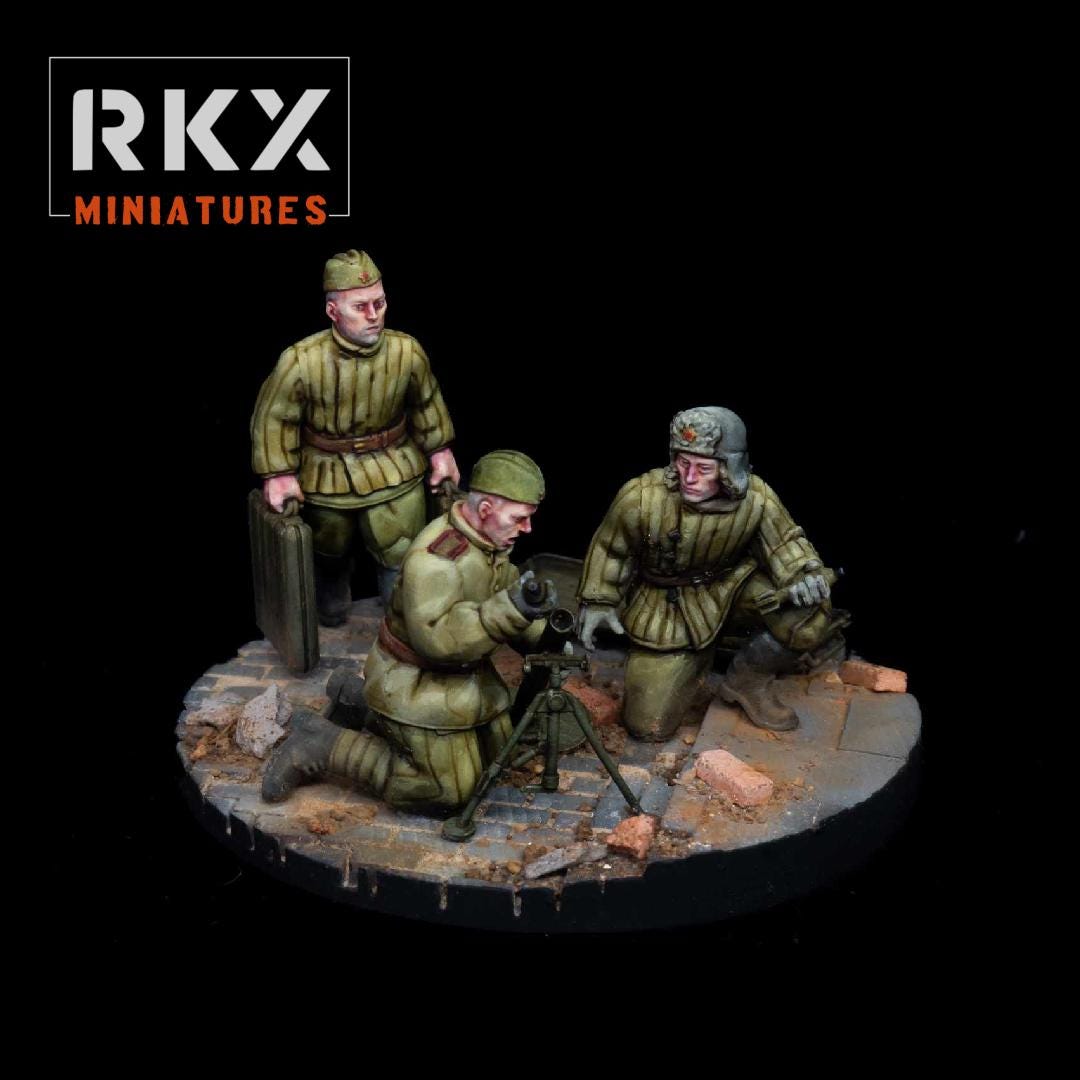 Soviet 50mm Mortar Team 3 minis (28mm) Liquid Resin Print. Plain bases included