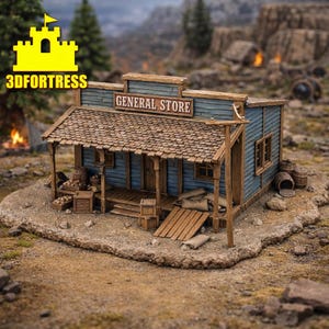 May include: A miniature model of a General Store with a blue facade and a brown shingled roof. The store has a wooden porch and a sign that reads "GENERAL STORE". The model is set in a detailed outdoor scene.