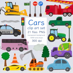 Autos Aquarell Clipart, Transport Clipart, Kinderzimmer Kunst, Wandkunst, druckbare digitale PNG-Dateien, Instant Download, Autos Clipart für Kinder