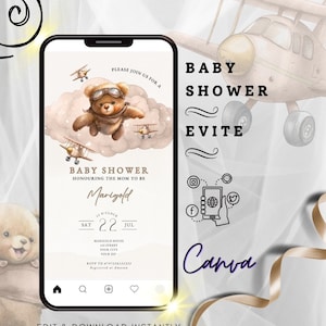 Electronic teddy bear baby shower invitation, bear and planes baby shower invite, brown bear evite, boho teddy bear, girl boy neutral, Canva