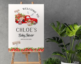Editable strawberry baby shower welcome sign, Berry Sweet Welcome Signage, Printable Welcome Sign, truck baby, Fruit Baby Shower, template