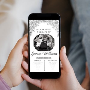 May include: A black and white digital memorial invitation on a smartphone screen. The invitation features a floral border, a photo of a woman, and the text "Celebrating the life of Janice Williams. Please join us."