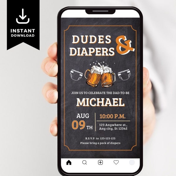 Beer and Diaper Party Baby Shower Evite, Man Shower, Dadchelor Template, Dudes and Diapers Electronic Invitation, Text evite Canva