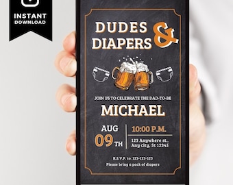 Beer and Diaper Party Baby Shower Evite, Man Shower, Dadchelor Template, Dudes and Diapers Electronic Invitation, Text evite Canva