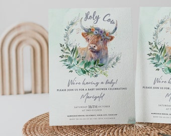 Highland cow baby shower invite, holy cow baby shower invitations, ranch theme baby shower, boho cowgirl baby shower, boy girl neutral