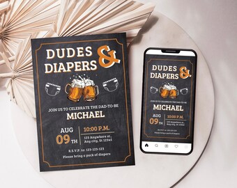 Diaper Baby Shower Invitation, Dad Shower, Dudes, Diapers and Beer