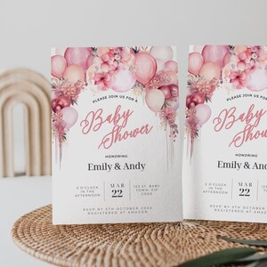 Blush Pink Baby Shower Invitation, pink balloon arch, pink flower arch, it’s a girl invite, baby shower balloon evite, girl theme, Canva