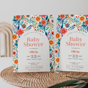 Flower Arch Baby Shower Invitation, bright flowers, arch invite, Fall floral, spring floral, boho theme, baby in bloom, baby shower, Canva