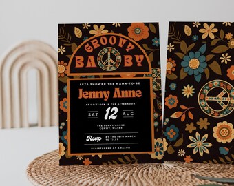 Groovy Baby Invitation, black groovy, orange groovy, Rainbow Hippie 70’s Retro Baby Shower Sprinkle Brunch invitation for baby shower, Canva