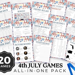 Juegos del 4 de julio, Juegos del Día de la Independencia, Juegos imprimibles del 4 de julio, juegos patrióticos, trivia, bingo, Scattegories, paquete de 20 juegos