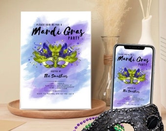 May include: A Mardi Gras party invitation with a purple and blue watercolor background. The invitation features a green and gold mask with purple and blue feathers. The text on the invitation reads "Please join me for a Mardi Gras Party" and "Hosted by The Smiths".