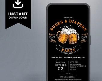 Beer and Diaper Party Baby Shower Evite, Man Shower, Dadchelor Template, Dudes and Diapers Electronic Invitation, Text evite Canva