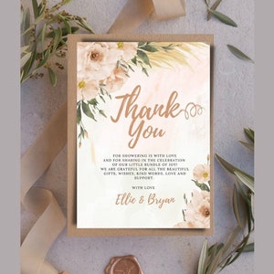 Boho chic girl baby shower thank you | shower | Boho Floral Baby Shower | dried flower invitation Pampas Baby Shower Suite |