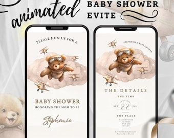 May include: A digital invitation for a baby shower with a cartoon illustration of a teddy bear wearing aviator goggles and flying a plane. The text on the invitation reads "Please join us for a baby shower honoring the mom to be Stephanie".