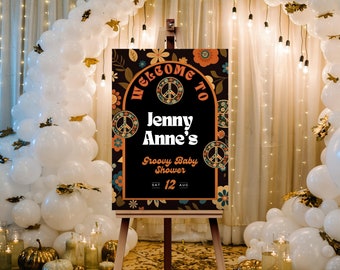 Groovy Baby Shower Welcome Sign, hippie baby Shower Welcome Sign, retro sign, 60s 70s baby shower sign, daisies, black orange baby shower