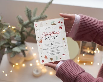 Puede incluir: Una invitación a una fiesta de Navidad blanca con acentos rojos y dorados. La invitación presenta una variedad de ilustraciones festivas, que incluyen un muñeco de nieve, un reno, un árbol de Navidad y un Papá Noel. El texto de la invitación dice "Únete a nosotros para una fiesta de Navidad" e incluye la fecha y la hora de la fiesta.