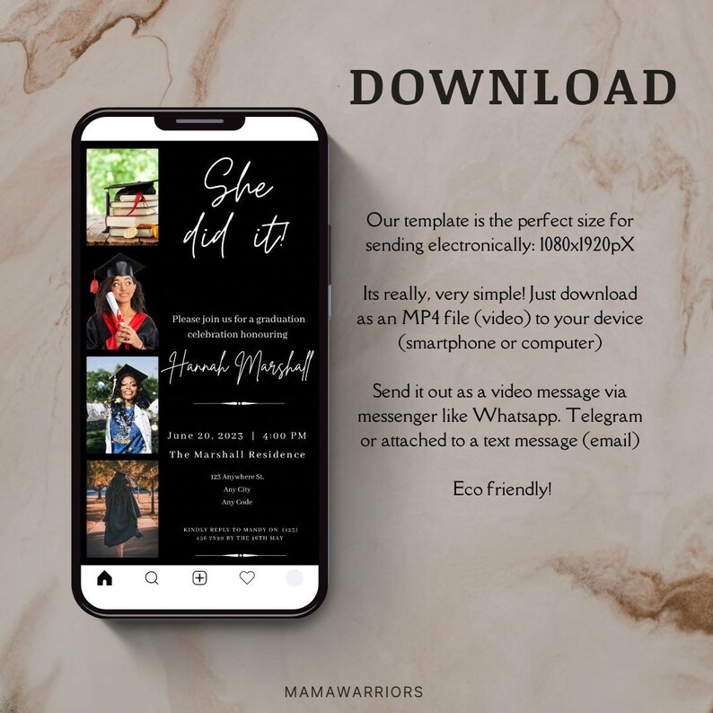 Graduation Evite Template for Texting, Invitation for Text Message, Picture Text, Animated Save