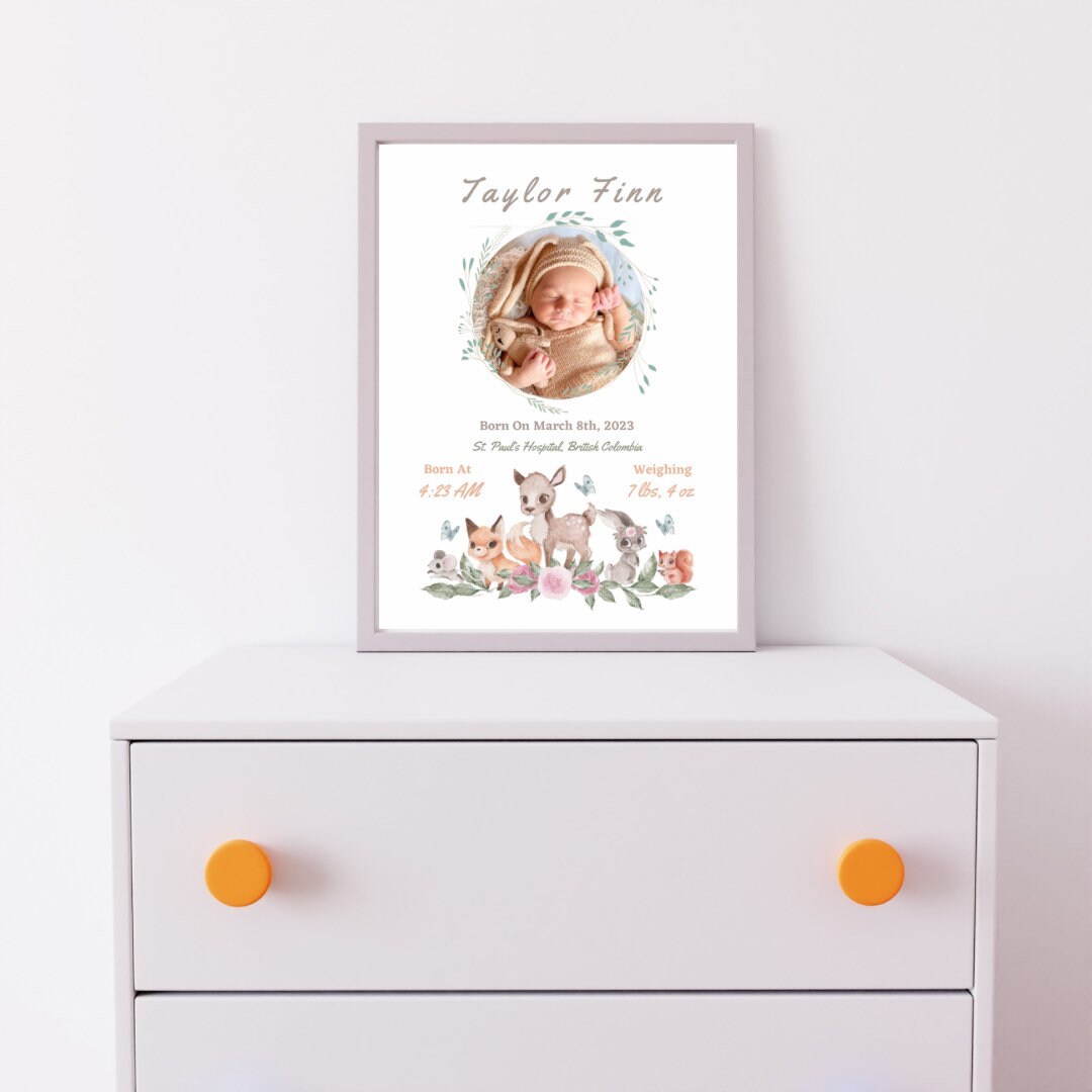 Printable Birth Stats Wall Art Personalised Newborn Gift Baby Photo ...