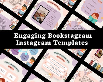 Pode incluir: Uma coleção de nove modelos do Instagram para Bookstagram com ilustrações de crianças lendo livros, com texto sobre os benefícios da leitura, como fazer as crianças gostarem de ler e qual é o seu livro favorito. Os modelos estão em um esquema de cores rosa e roxo com detalhes florais.