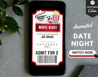 May include: A red and white movie ticket invitation with a popcorn bucket, 3D glasses, and a film reel. The text reads "Movie Night" and "To my favorite person Joe Drake". The date is Saturday, June 6. The ticket says "Admit for 2".