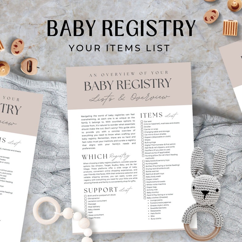 Babyshower-registerlista, checklista för babyshower-register, presentlista till babyshower, presentregister för nyfödd bebis, presentidéer för bebisar, Canva bild 1