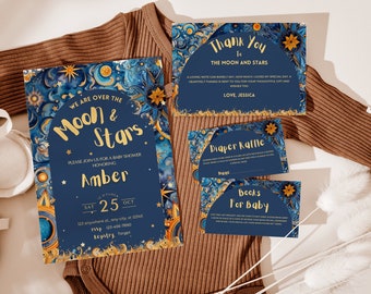 May include: A set of four baby shower cards with a celestial theme. The cards are blue with gold accents and feature a moon, stars, and clouds. The text on the cards reads "We are over the moon & stars", "Thank you to the moon and stars", "Diaper Raffle", and "Books for Baby".