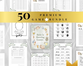 May include: A set of 50 printable baby shower games with a beer and brewing theme. The games include "Who Knows Daddy Best?", "Guess the Due Date", "Nursery Rhymes", and "Predictions & Advice".