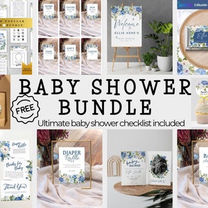 Spring Baby Shower Bundle, blue invitation, Baby in Bloom Floral Baby Shower Invitation, Baby Shower Decor games, boy Baby Shower, hydrangea