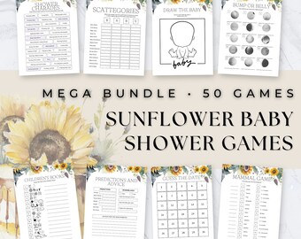 May include: A set of printable baby shower games featuring a sunflower theme. The games include "Shower Charades", "Scattegories", "Draw the Baby", "Bump or Belly", "Children's Books", "Predictions and Advice", "Guess the Date", and "Mammal Game".