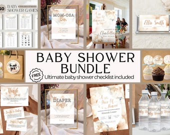 May include: A baby shower bundle with a watercolor background featuring a variety of printable items, including games, decorations, and a checklist. The text "BABY SHOWER BUNDLE" is in large, bold letters. The text "FREE Ultimate baby shower checklist included" is in smaller letters below the main title.