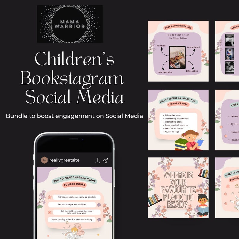Pu&ograve; includere: Una raccolta di grafiche per i social media per bookstagram con illustrazioni di bambini che leggono libri. Le grafiche includono suggerimenti per scegliere un libro per bambini interessante, come rendere i bambini felici di leggere libri e una domanda che chiede qual &egrave; il tuo posto preferito per leggere.