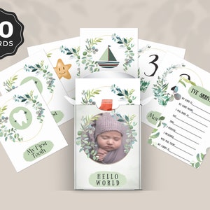 Cartes d'étape de bébé numérique imprimable, cadeau de douche de bébé, première année de bébé, cartes d'étape neutres de genre, image personnalisée, nouveau cadeau de bébé