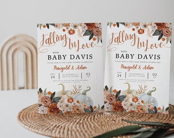 Falling in Love Baby Shower Invitation, Fall Baby Shower, Autumn baby shower invite, pumpkin invitation, fall floral, boho autumn, Canva