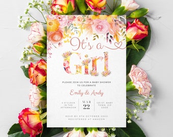 It’s a girl pink flowers Baby Shower Invitation, bright pink flowers, it’s a girl invite, baby shower blush pink evite, girl theme, Canva