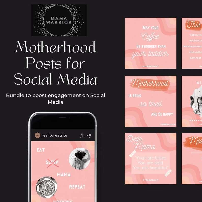 Pode incluir: Uma cole&ccedil;&atilde;o de modelos de postagens de m&iacute;dia social para m&atilde;es. Os modelos apresentam fundos rosa e laranja com formas abstratas e texto que diz "Que seu caf&eacute; seja mais forte que seu filho", "A maternidade &eacute; estar t&atilde;o cansada e t&atilde;o feliz", "Querida mam&atilde;e, voc&ecirc; &eacute; corajosa, voc&ecirc; &eacute; ousada, voc&ecirc; &eacute; linda", e "Comer, dormir, mam&atilde;e, repetir".