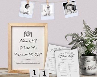 May include: A printable game for a baby shower or gender reveal party. The game asks guests to guess how old the parents-to-be were in each photo. The game includes a title card, scorecards, and number cards.