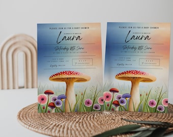 Mushroom Baby Shower Invitation,Mushroom Themed baby shower, warercolor Baby Shower invite, little Mushroom evite, fungi baby, Canva instant